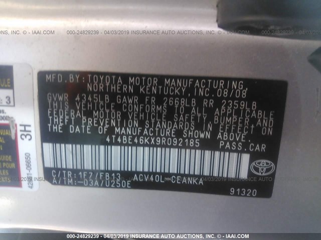 4T4BE46KX9R092185 - 2009 TOYOTA CAMRY SE/LE/XLE SILVER photo 9