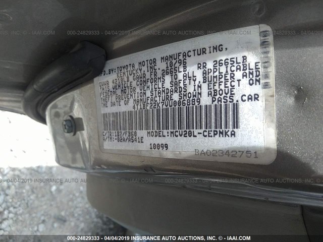 4T1BF22K7VU006889 - 1997 TOYOTA CAMRY CE/LE/XLE GRAY photo 9