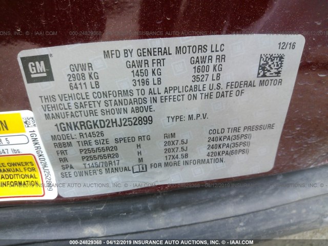 1GNKRGKD2HJ252899 - 2017 CHEVROLET TRAVERSE LT RED photo 9