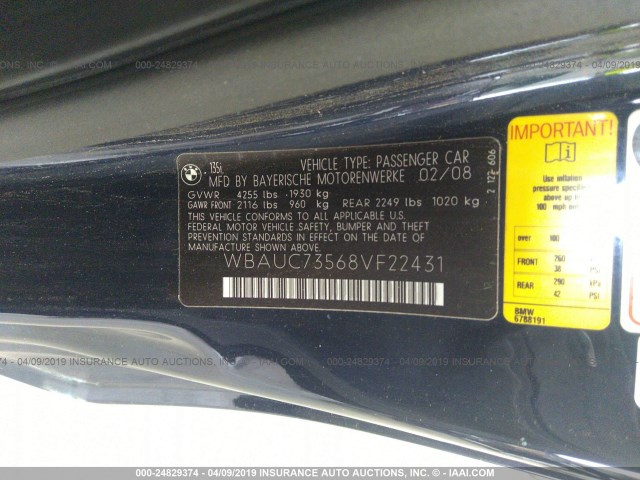 WBAUC73568VF22431 - 2008 BMW 135 I BLUE photo 9