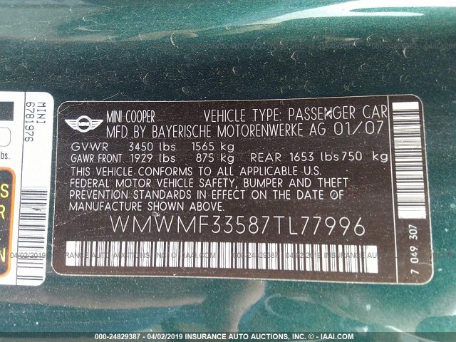 WMWMF33587TL77996 - 2007 MINI COOPER GREEN photo 9