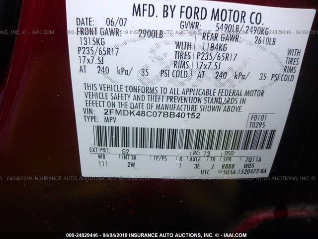 2FMDK48C07BB40152 - 2007 FORD EDGE SEL RED photo 9