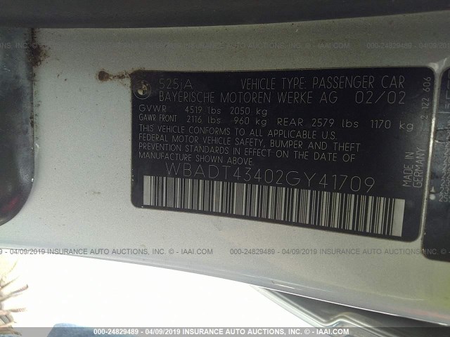WBADT43402GY41709 - 2002 BMW 525 I AUTOMATIC 银色 照片 9