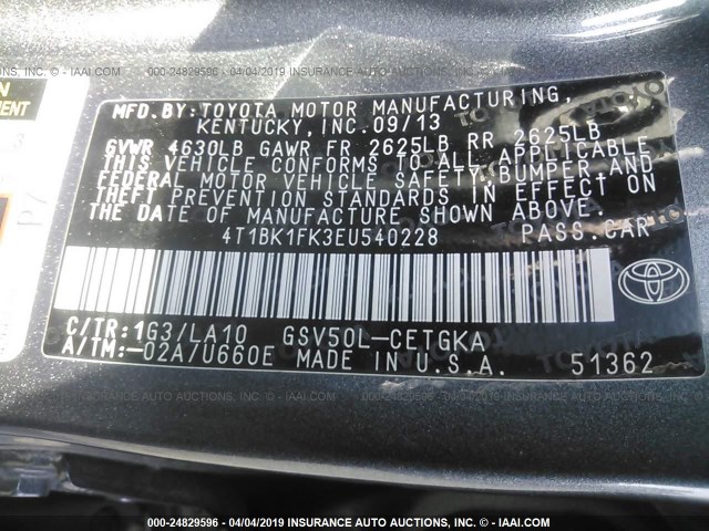 4T1BK1FK3EU540228 - 2014 TOYOTA CAMRY SE/XLE GRAY photo 9