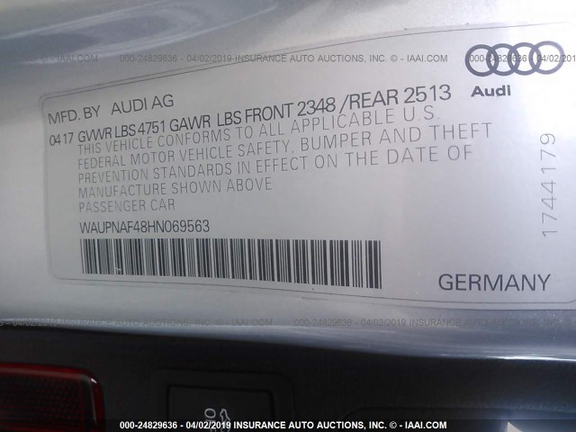 WAUPNAF48HN069563 - 2017 AUDI A4 PREMIUM PLUS SILVER photo 9