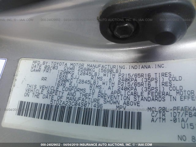 5TDZA23C04S071496 - 2004 TOYOTA SIENNA CE/LE SILVER photo 9