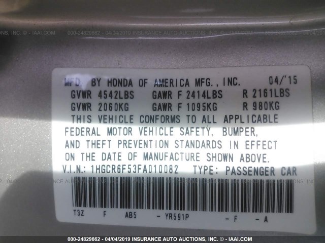 1HGCR6F53FA010082 - 2015 HONDA ACCORD HYBRID/EXL BEIGE photo 9