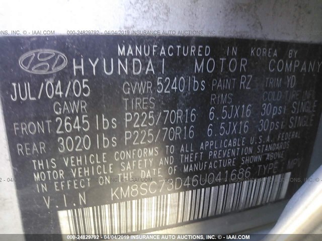 KM8SC73D46U041686 - 2006 HYUNDAI SANTA FE GLS/LIMITED SILVER photo 9