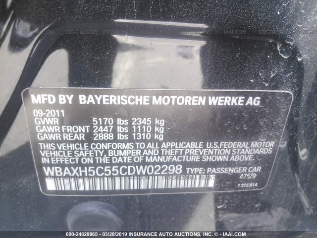 WBAXH5C55CDW02298 - 2012 BMW 528 XI BLACK photo 9