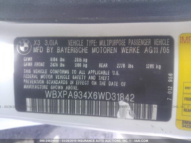 WBXPA934X6WD31842 - 2006 BMW X3 3.0I WHITE photo 9