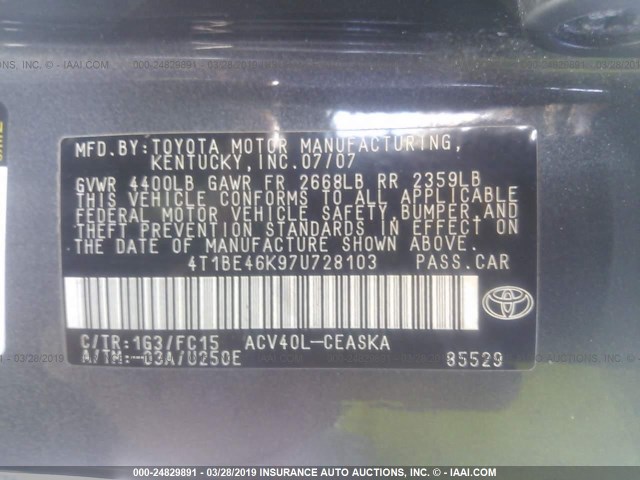 4T1BE46K97U728103 - 2007 TOYOTA CAMRY NEW GENERAT CE/LE/XLE/SE GRAY photo 9