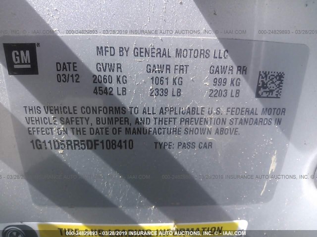 1G11D5RR5DF108410 - 2013 CHEVROLET MALIBU 1LT ვერცხლისფერი ფოტო 9