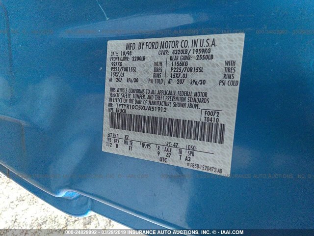 1FTYR10C5XUA51912 - 1999 FORD RANGER BLUE photo 9