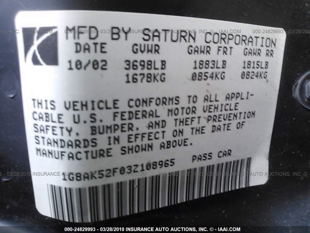 1G8AK52F03Z108965 - 2003 SATURN ION LEVEL 3 MAROON photo 9