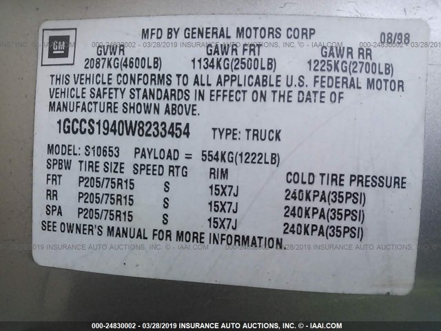 1GCCS1940W8233454 - 1998 CHEVROLET S TRUCK S10 Champagne photo 9