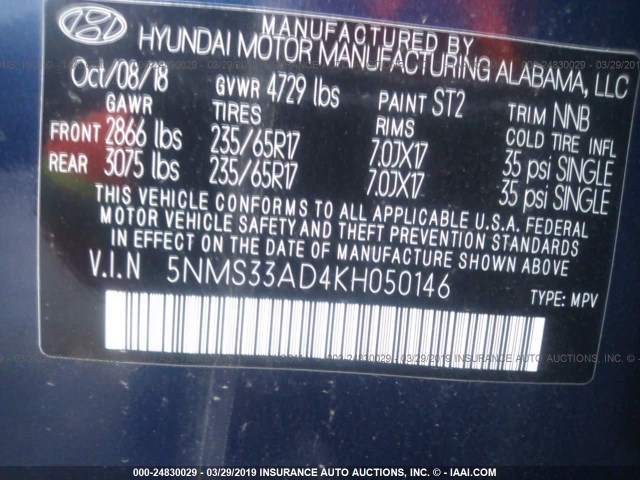 5NMS33AD4KH050146 - 2019 HYUNDAI SANTA FE BLUE photo 9
