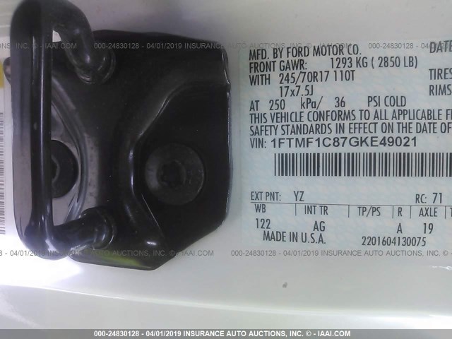 1FTMF1C87GKE49021 - 2016 FORD F150 WHITE photo 9