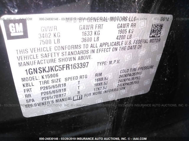 1GNSKJKC5FR163397 - 2015 CHEVROLET SUBURBAN K1500 LT BLACK photo 9