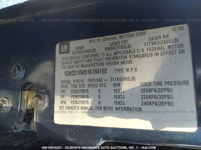 1GNCS18W51K184192 - 2001 CHEVROLET BLAZER BLUE photo 9