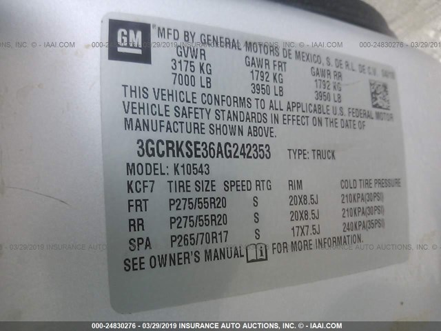 3GCRKSE36AG242353 - 2010 CHEVROLET SILVERADO K1500 LT SILVER photo 9