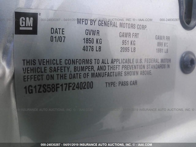 1G1ZS58F17F240200 - 2007 CHEVROLET MALIBU LS GRAY photo 9