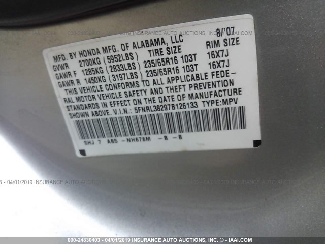 5FNRL38297B126133 - 2007 HONDA ODYSSEY LX GRAY photo 9