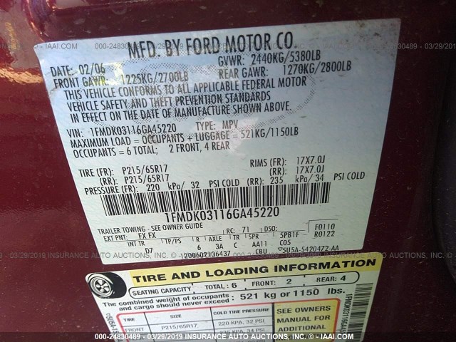 1FMDK03116GA45220 - 2006 FORD FREESTYLE LIMITED MAROON photo 9