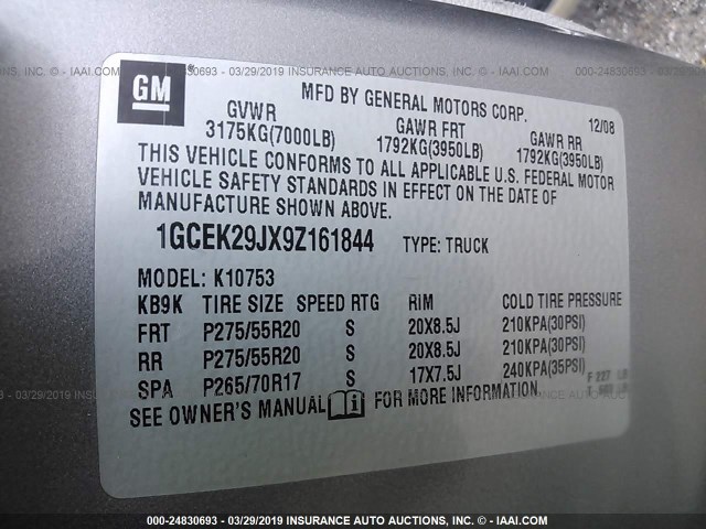 1GCEK29JX9Z161844 - 2009 CHEVROLET SILVERADO K1500 LT SILVER photo 9