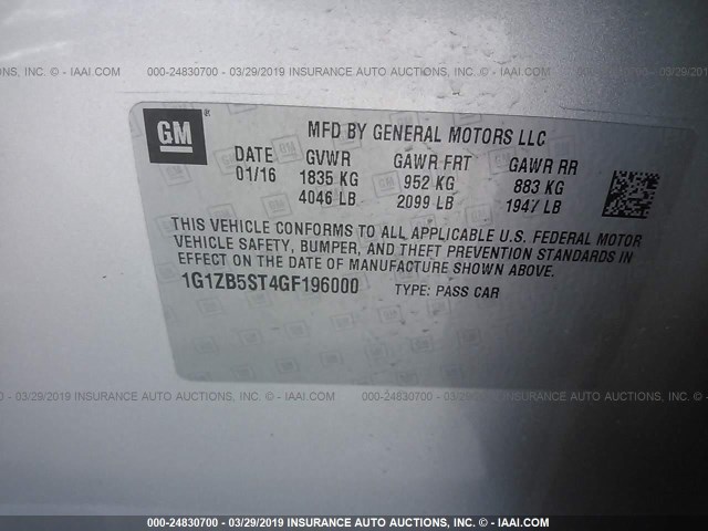 1G1ZB5ST4GF196000 - 2016 CHEVROLET MALIBU LS SILVER photo 9