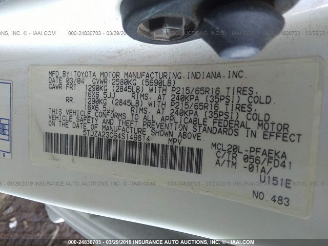 5TDZA23C64S149814 - 2004 TOYOTA SIENNA CE/LE WHITE photo 9