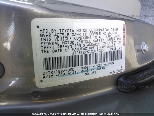 JT2BF22K1X0150252 - 1999 TOYOTA CAMRY LE/XLE 灰色 照片 9