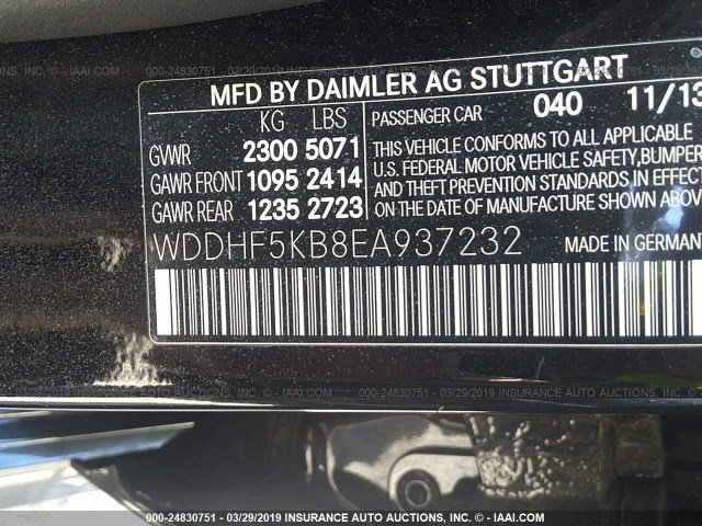 WDDHF5KB8EA937232 - 2014 MERCEDES-BENZ E 350 BLACK photo 9