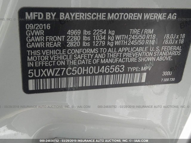 5UXWZ7C50H0U46563 - 2017 BMW X3 SDRIVE28I WHITE photo 9