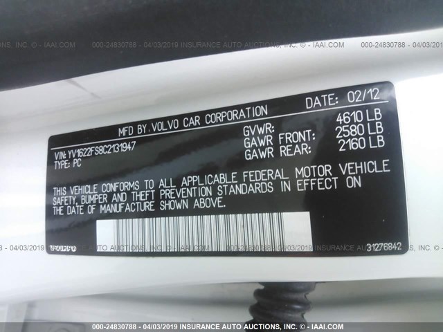 YV1622FS8C2131947 - 2012 VOLVO S60 T5 WHITE photo 9