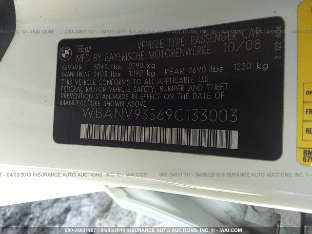 WBANV93569C133003 - 2009 BMW 535 XI WHITE photo 9