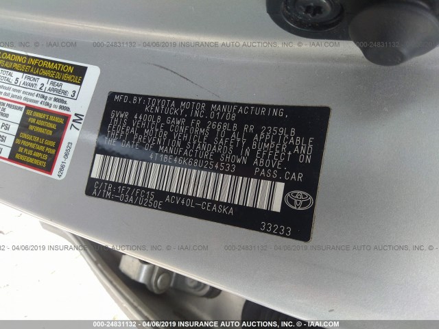4T1BE46K68U254533 - 2008 TOYOTA CAMRY CE/LE/XLE/SE SILVER photo 9