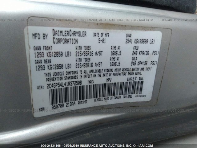 2C4GP54L41R372508 - 2001 CHRYSLER TOWN & COUNTRY LXI SILVER photo 9