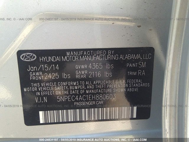 5NPEC4AC1EH880603 - 2014 HYUNDAI SONATA SE/LIMITED SILVER photo 9