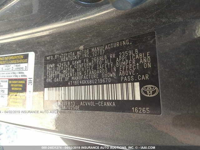 4T1BE46K68U219670 - 2008 TOYOTA CAMRY CE/LE/XLE/SE GRAY photo 9