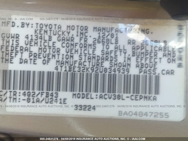 4T1BE32K92U034939 - 2002 TOYOTA CAMRY LE/XLE/SE TAN photo 9