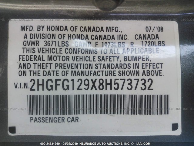 2HGFG129X8H573732 - 2008 HONDA CIVIC EXL GRAY photo 9