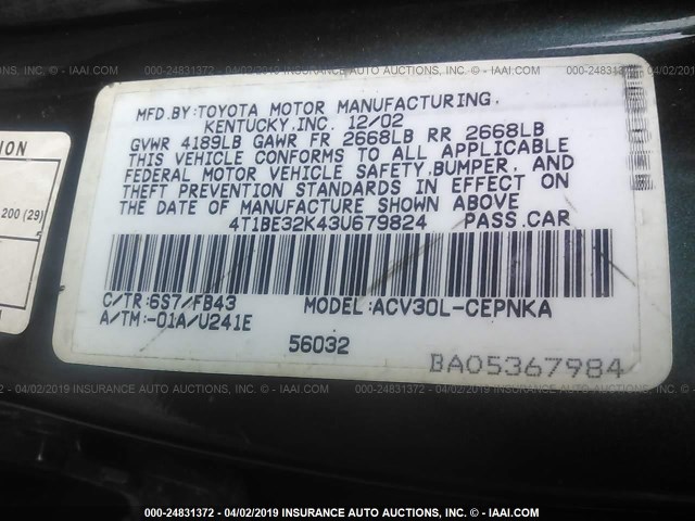 4T1BE32K43U679824 - 2003 TOYOTA CAMRY LE/XLE/SE GREEN photo 9