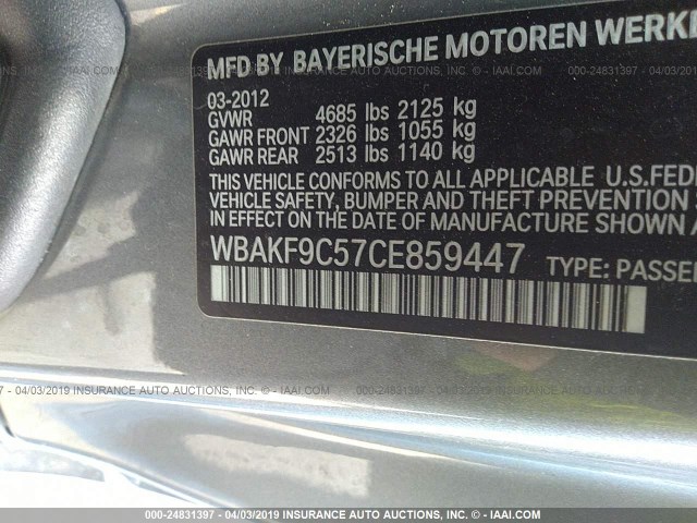 WBAKF9C57CE859447 - 2012 BMW 335 XI GRAY photo 9