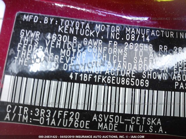 4T1BF1FK6EU865069 - 2014 TOYOTA CAMRY L/SE/LE/XLE 红色 照片 9