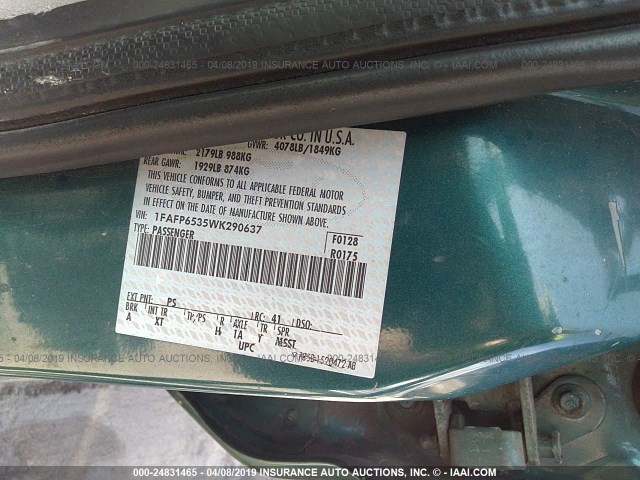 1FAFP6535WK290637 - 1998 FORD CONTOUR GL/SPORT/LX TEAL photo 9