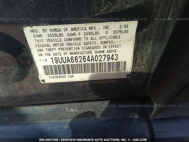 19UUA66264A027943 - 2004 ACURA TL BLUE photo 9