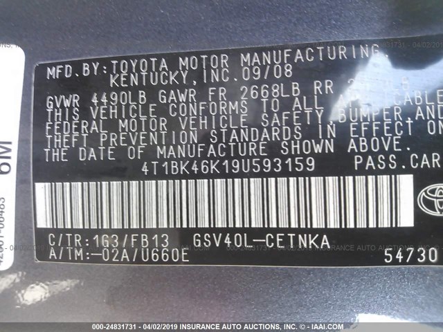 4T1BK46K19U593159 - 2009 TOYOTA CAMRY SE/LE/XLE GRAY photo 9