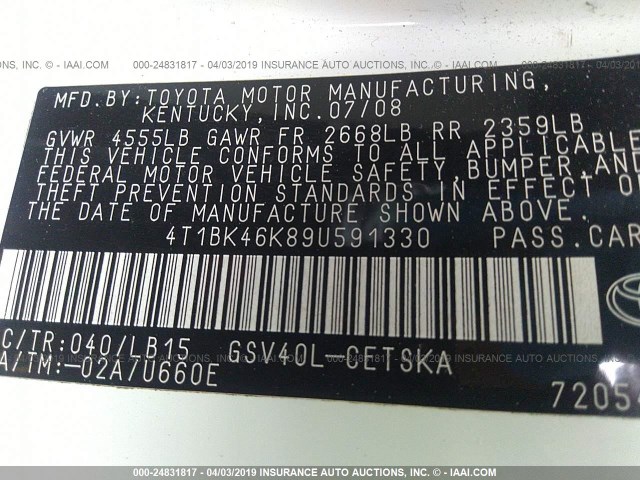 4T1BK46K89U591330 - 2009 TOYOTA CAMRY SE/LE/XLE WHITE photo 9