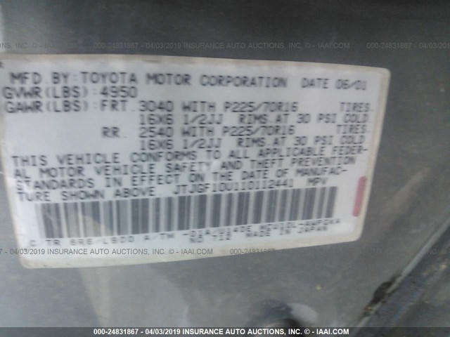 JTJGF10U110112441 - 2001 LEXUS RX 300 GRAY photo 9