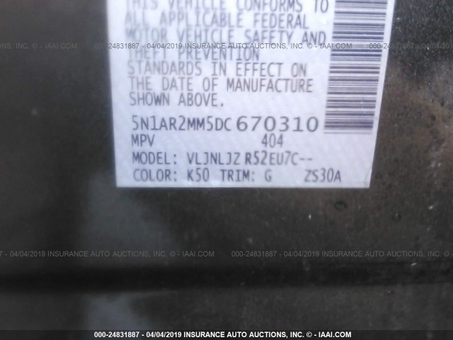 5N1AR2MM5DC670310 - 2013 NISSAN PATHFINDER S/SV/SL/PLATINUM GRAY photo 9